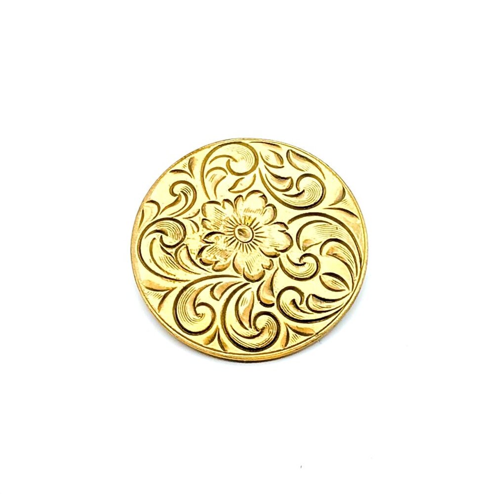 Vintage Lamode Engraved Brooch, Gold Tone Round Floral Lapel Pin